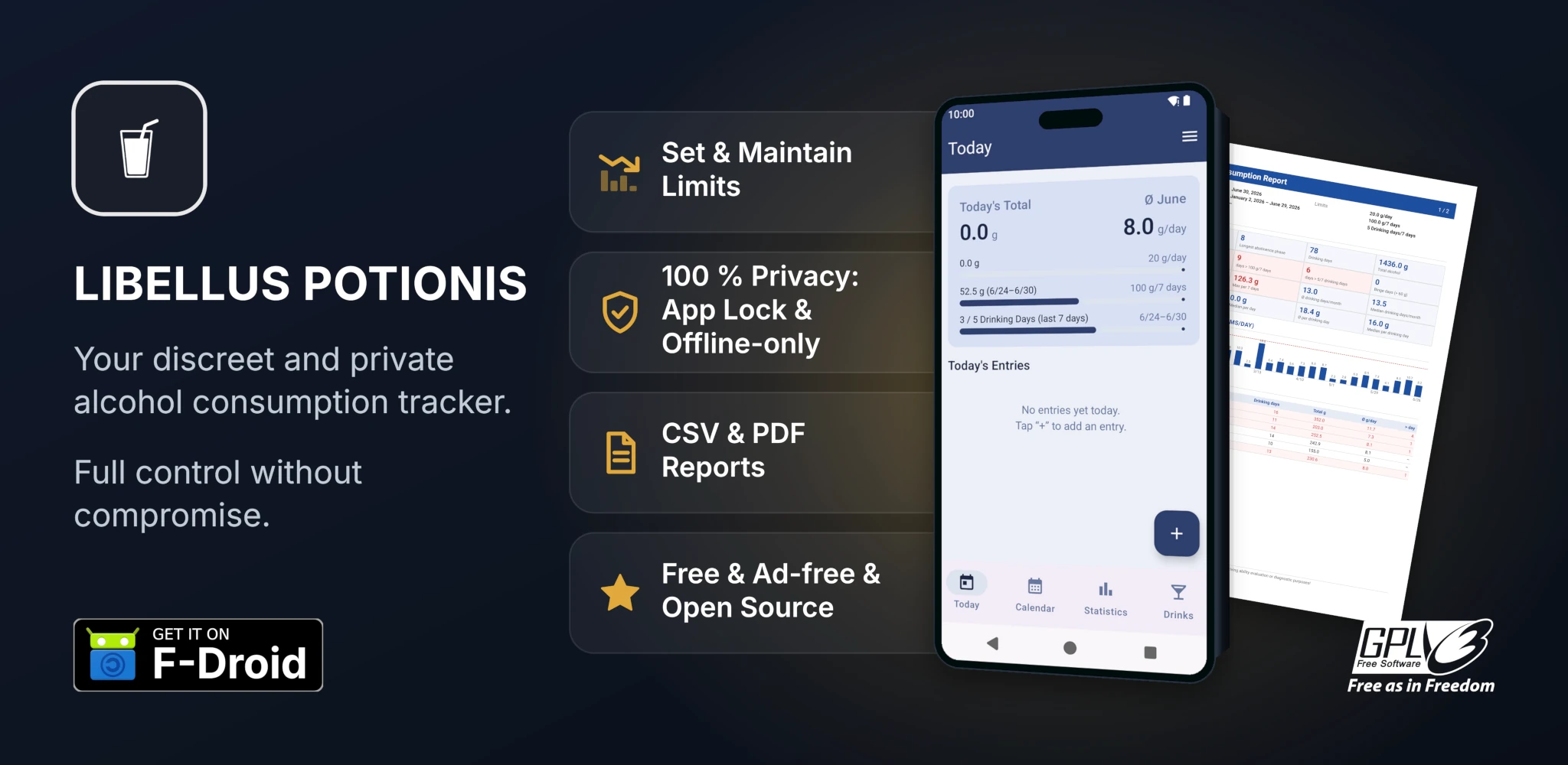 Feature graphic for Libellus Potionis, the privacy-friendly alcohol tracker.